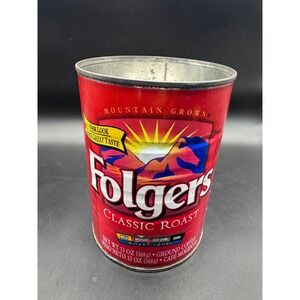 Vintage‎ Folgers Classic Roast Coffee Tin 13 oz Metal Canister Red Decor No Lid